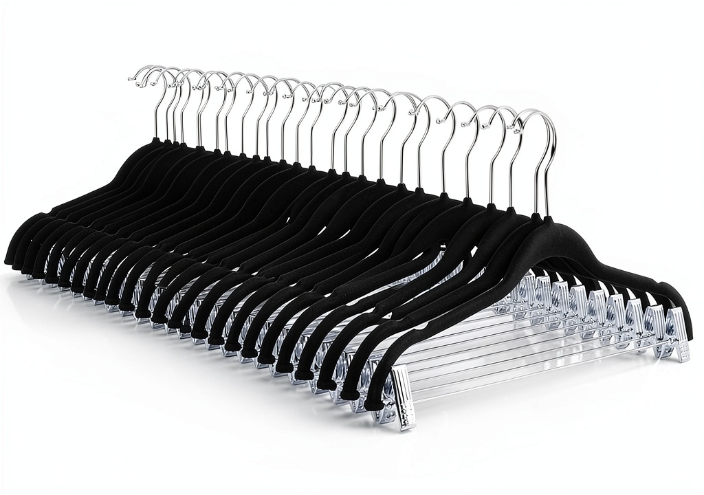Installing Amazon Basics Black/Silver Metal Closet Hangers on a wooden closet rod