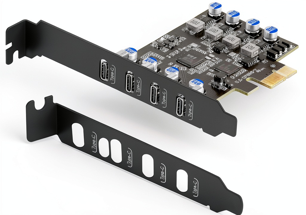 Installing SINEFINE USB C Expansion Card 4 Port PCIe 5Gbps on a wooden desk